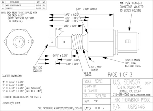 USP2446 NTC thermistor assembly is mounted in a brass fitting